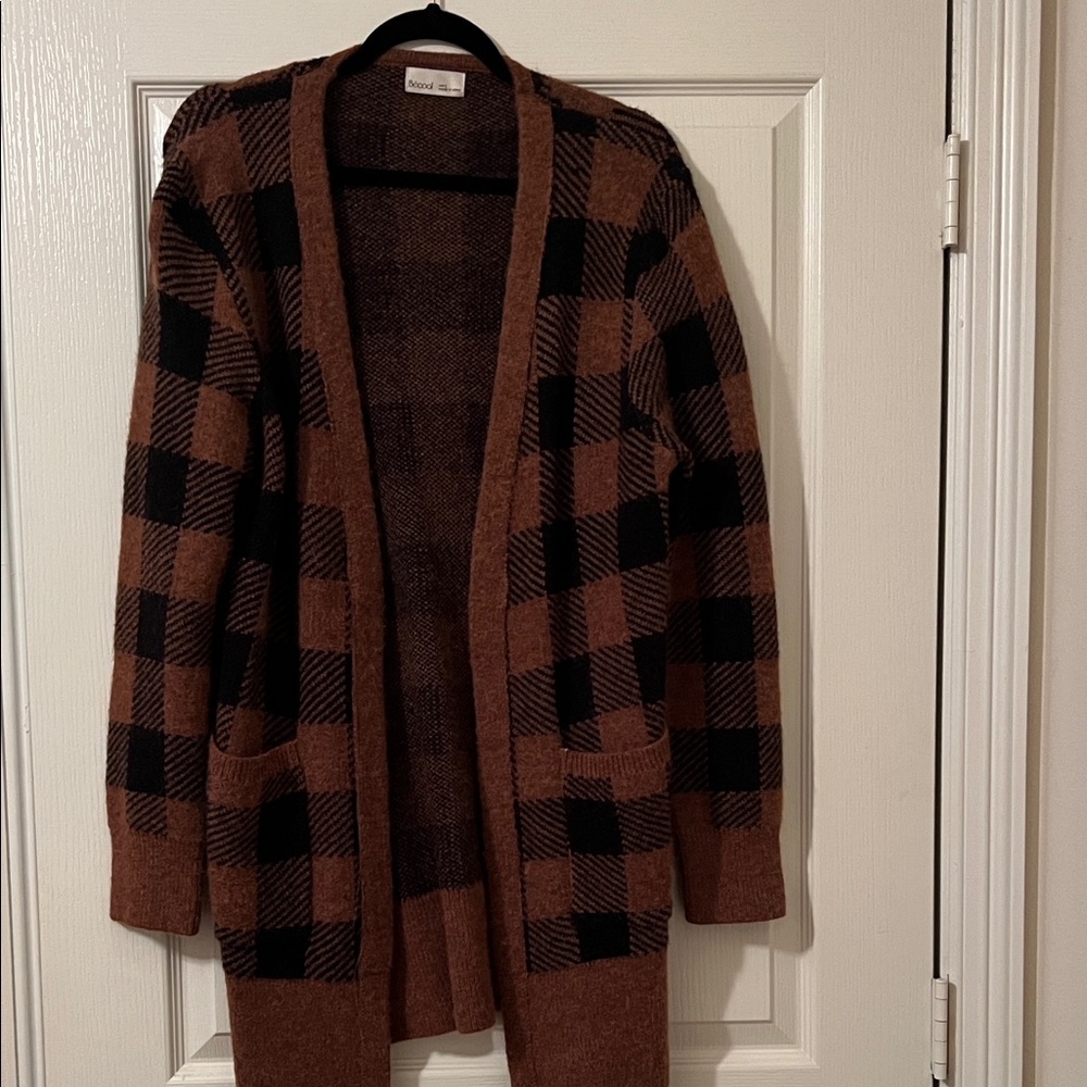 Plaid Open-Front Cardigan Sweater - Brown and Black